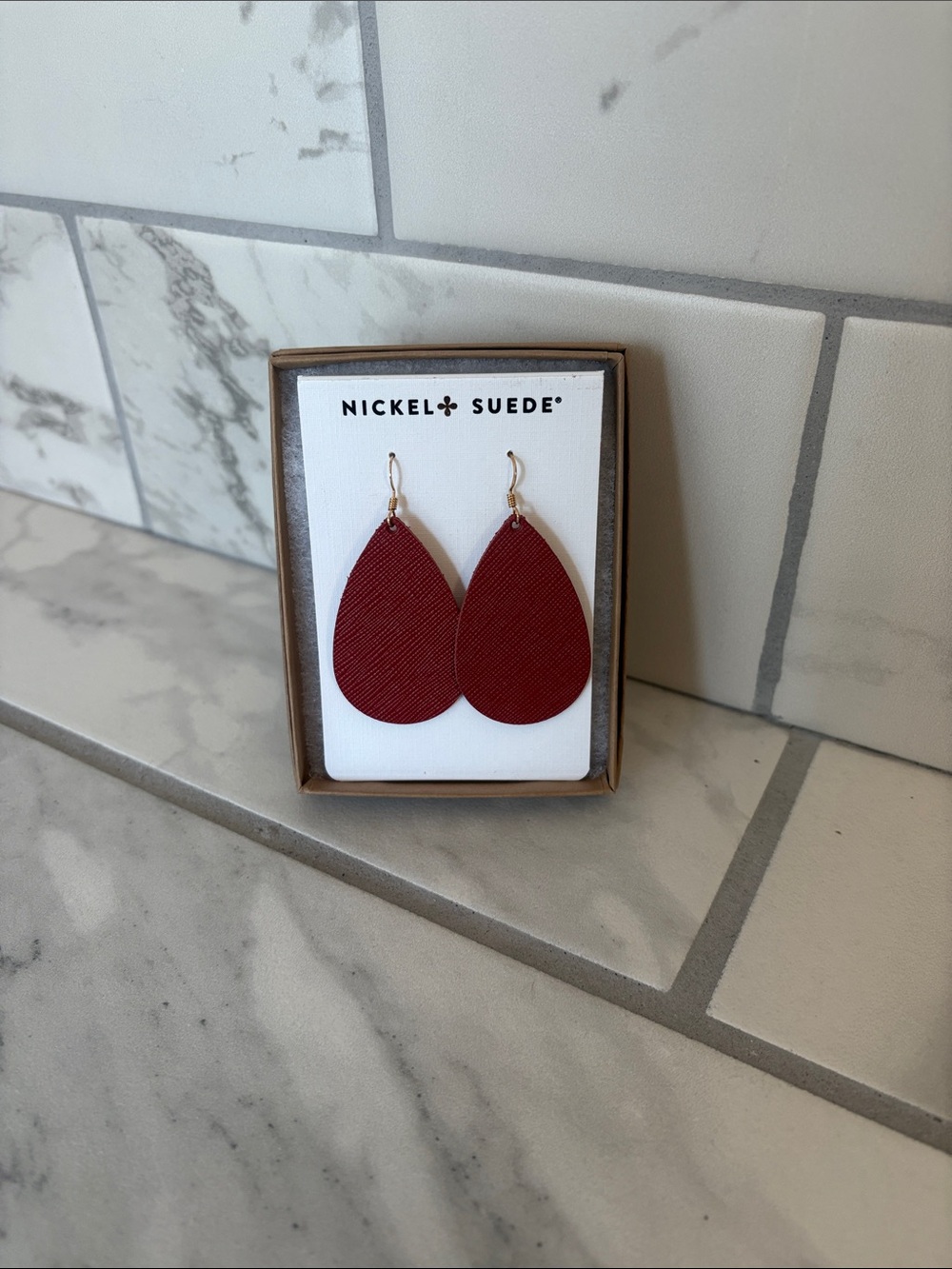 Nickel and Suede Auburn Teardrop Leather Earrings